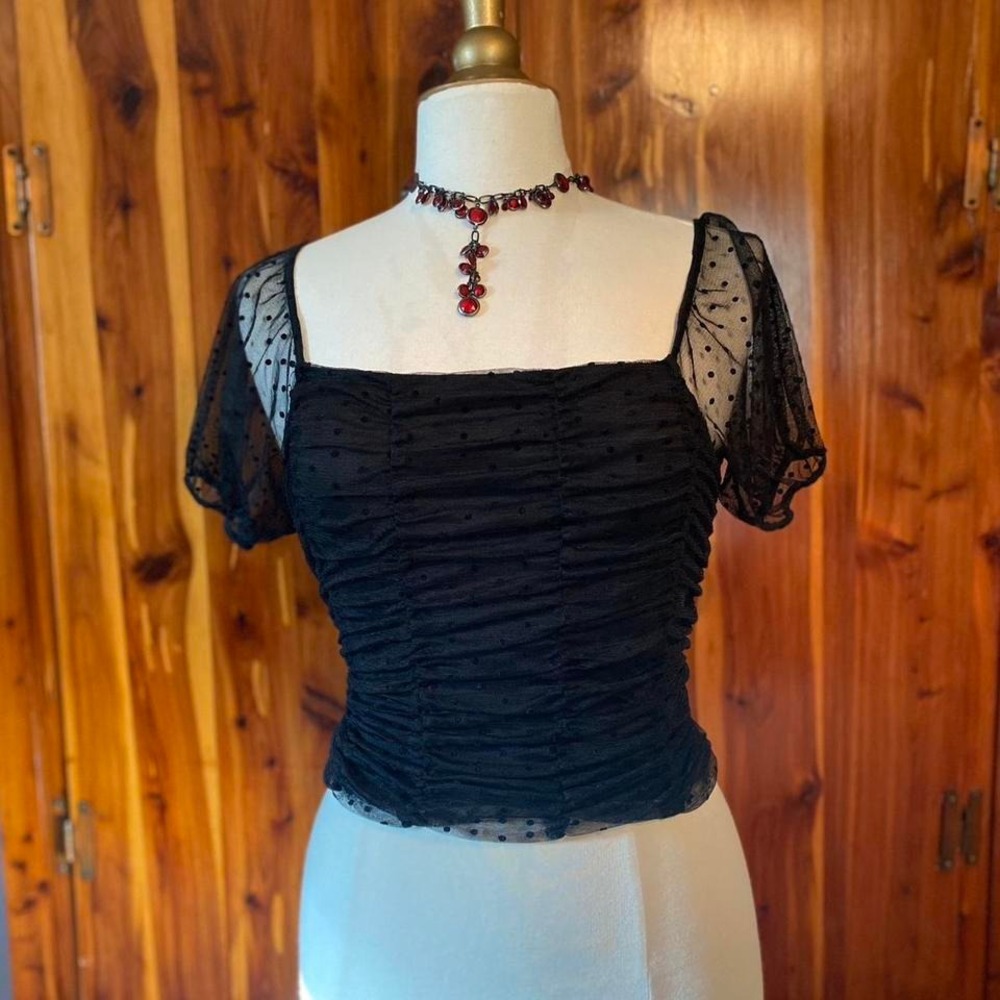 Ambiance sheer mesh ruffle polka dot square neck crop top‎